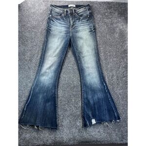 BKE Parker Womens Universal Fit Super Flare Jeans High Rise Distressed Hem Denim